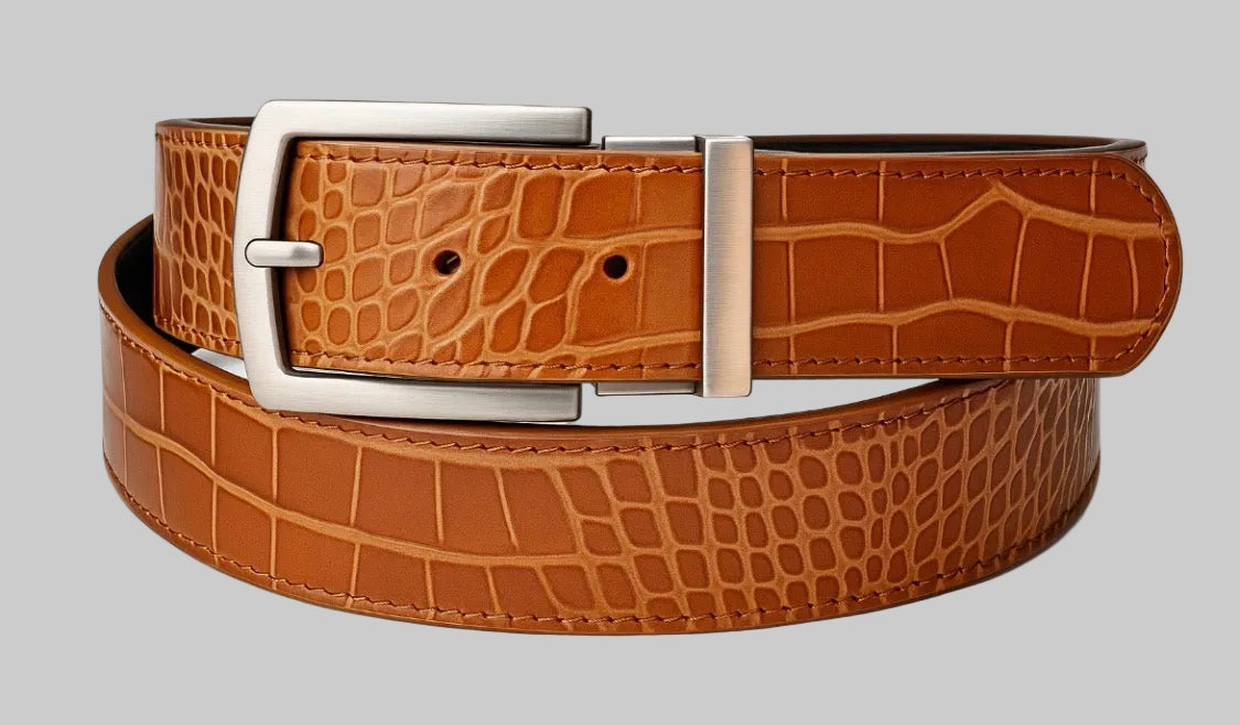 Silver Hunting Dog Buckle on Mock Embossed Leather Strap
