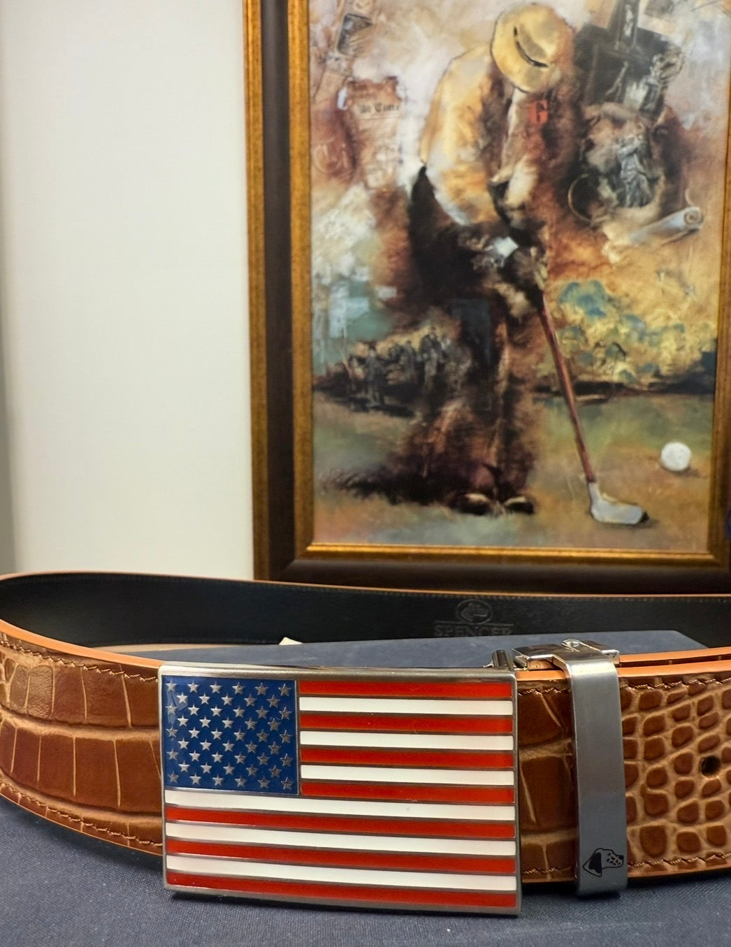 USA Flag Buckle Mock Croc Leather Belt