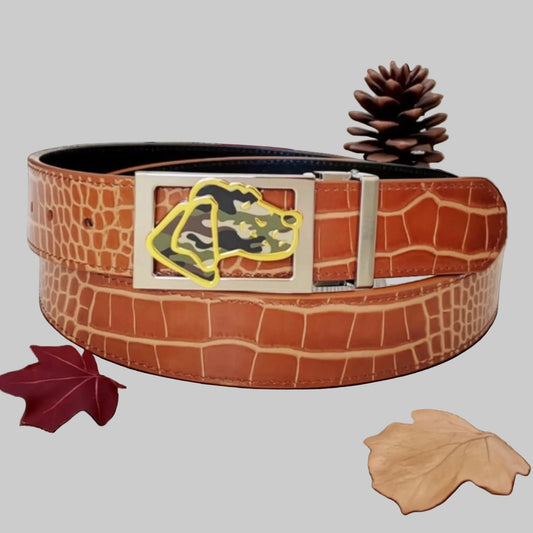 Camo Hunting Dog Buckle on Mock Croc Leather Strap