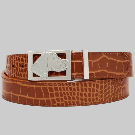 Silver Hunting Dog Buckle on Mock Embossed Leather Strap