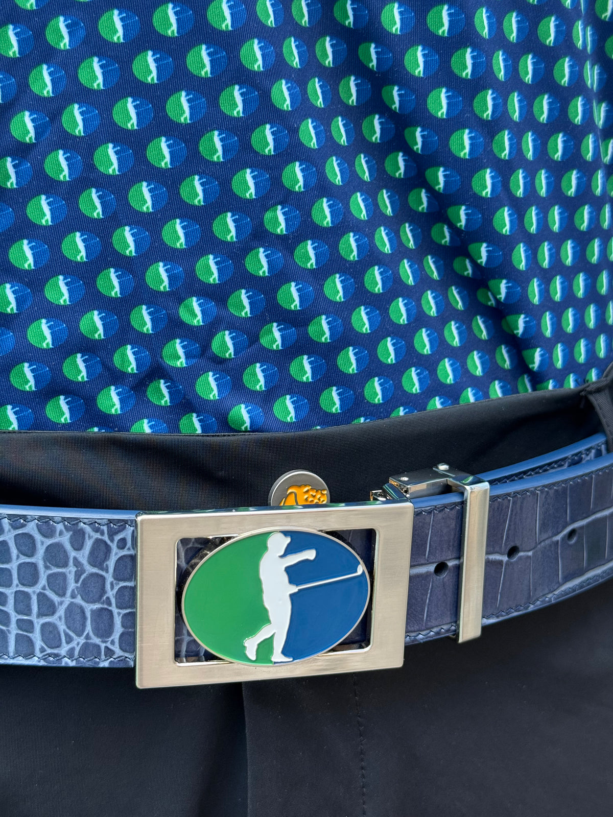 Sebring Birdie Belt Buckle on Blue Mock Croc Belt