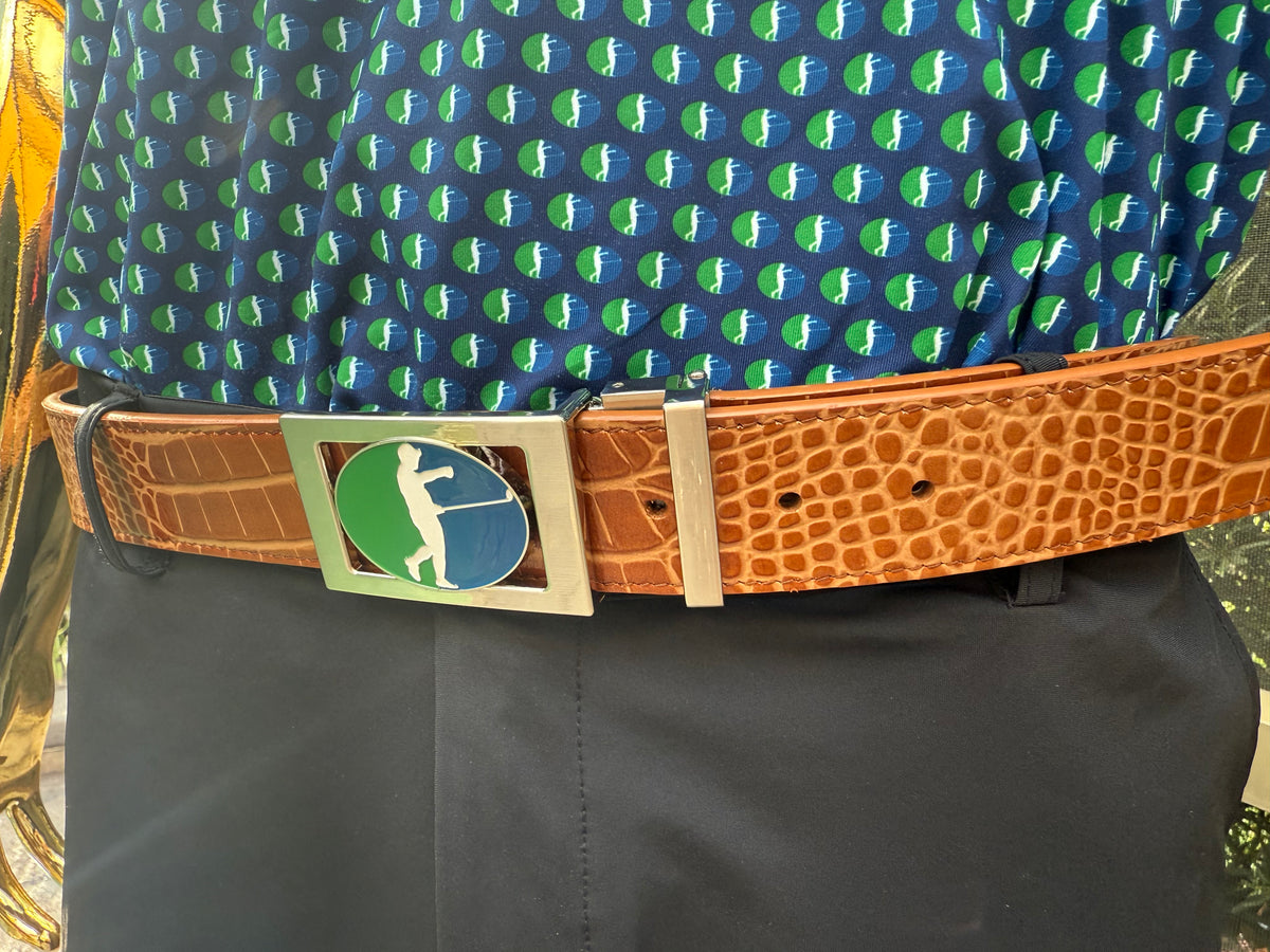 Sebring Birdie Belt Buckle on Blue Mock Croc Belt