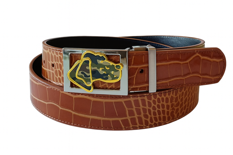 Camo Hunting Dog Buckle on Mock Croc Leather Strap