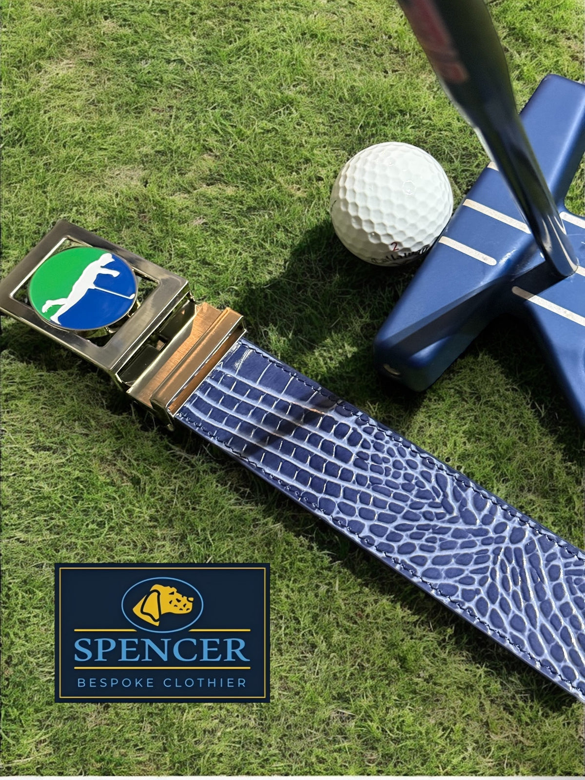 Sebring Birdie Belt Buckle on Blue Mock Croc Belt