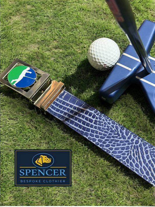 Sebring Birdie Belt Buckle on Blue Mock Croc Belt