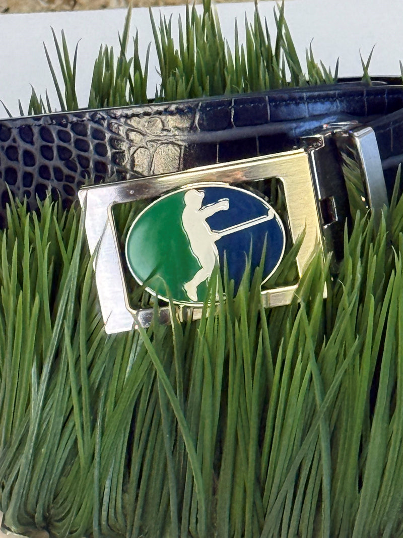 Sebring Birdie Belt Buckle on Blue Mock Croc Belt