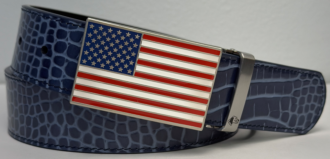 USA Flag Buckle Mock Croc Leather Belt