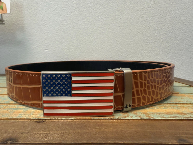USA Flag Buckle Mock Croc Leather Belt